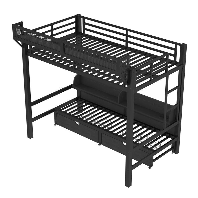 Twin XL over Twin XL Bunk Bed with Storage & Drawers, USB Ports & LED Lights, Convertible Sofa Lower Bed