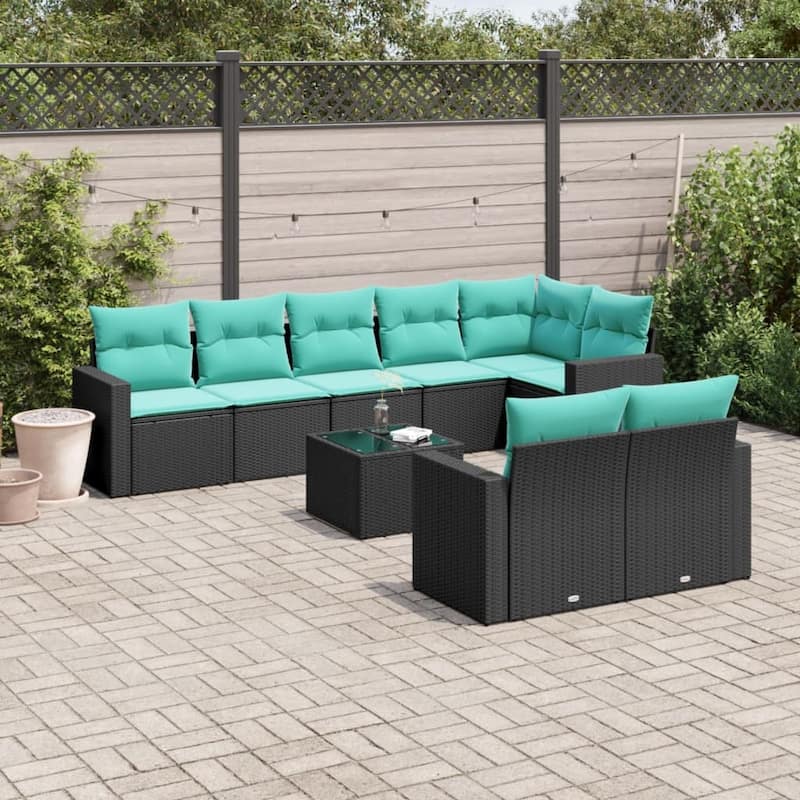 vidaXL Patio Sofa Set with Cushions Outdoor Conversation Furniture Poly Rattan - Black and blue with table