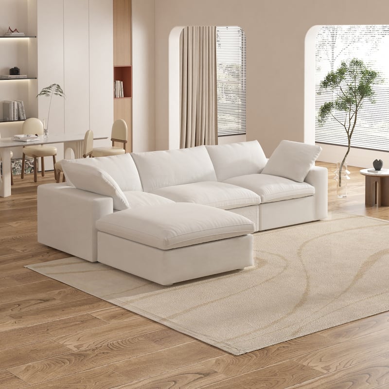 Modern Down Filled Modular 4 Piece Sectional Sofa L-shape Linen Upholstered Couch with Storage Ottoman