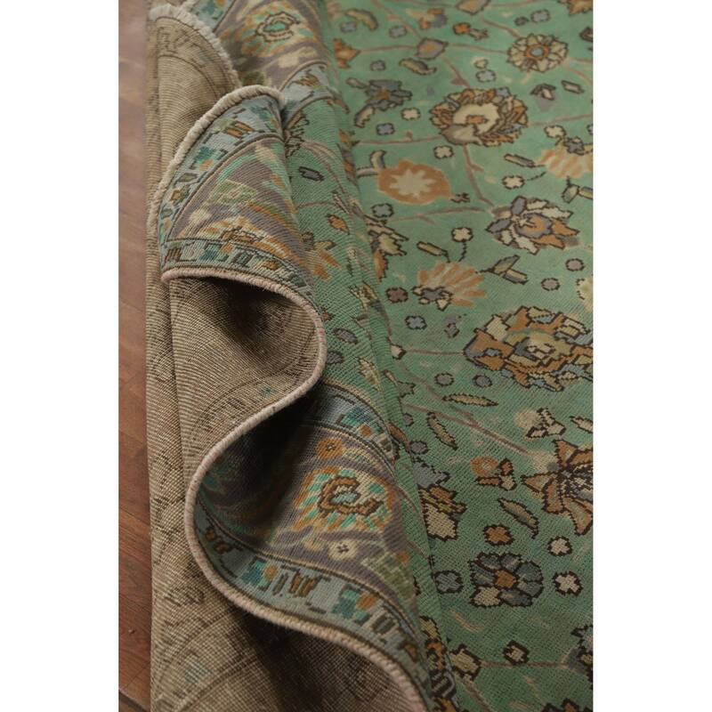 Hand Knotted Oriental 100% Wool Carpet Traditional All-Over Green Tabriz Area Rug - 10' 10'' X 8' 7''