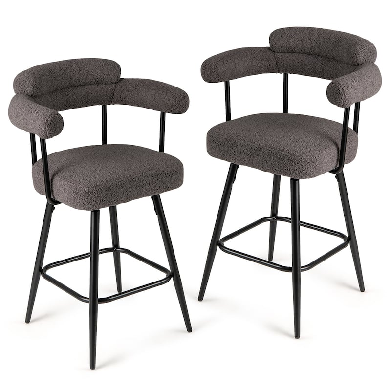 Set of 2 Counter Height Plush Boucle Fabric Bar Stools with Swivel Seat for Kitchen or Cafe - 25" x 21" x 39.5" - Grey-Black