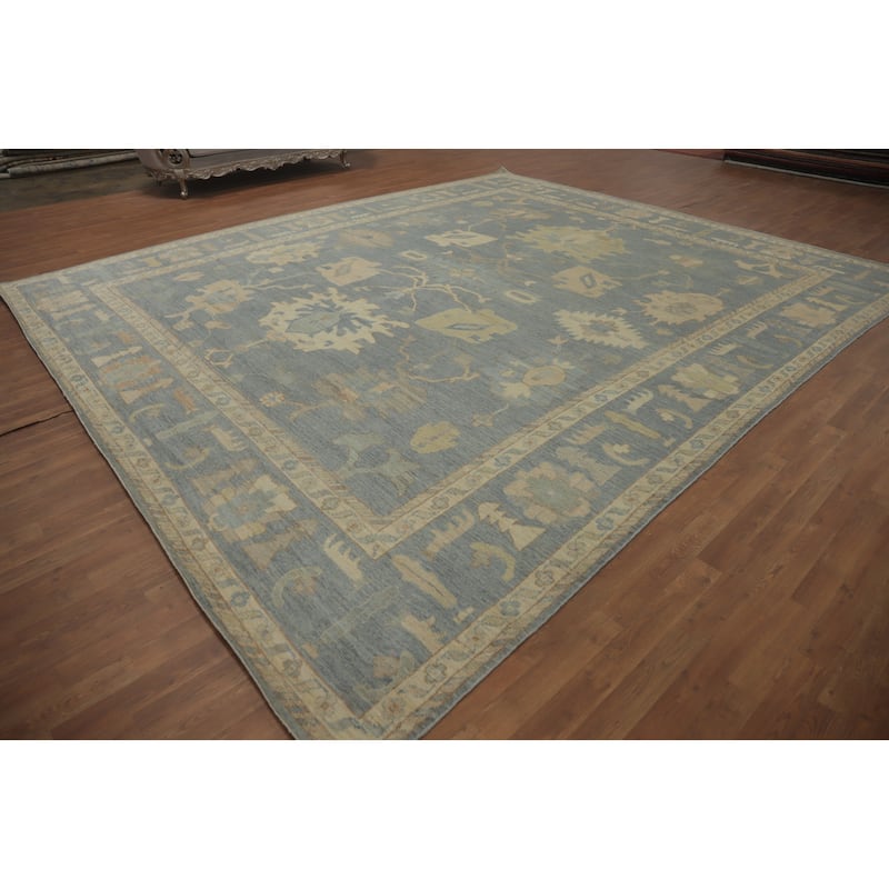 Handmade Floral Oushak Vegetable Dye Large Rug, Floral Geometric Carpet - 14' 4'' X 12' 1''