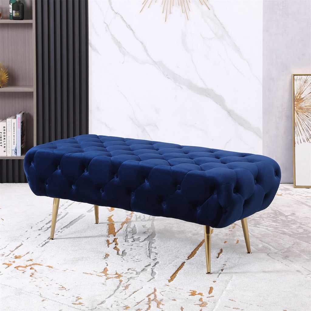 Velvet Button Tufted Bench with Gold Metal Legs