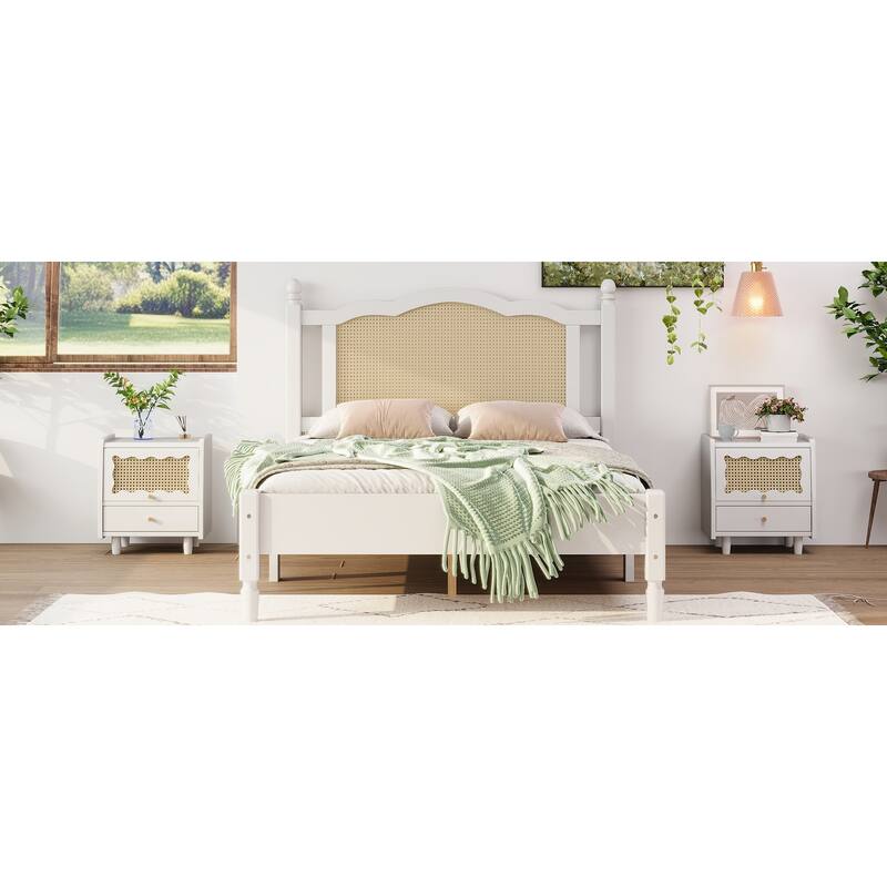Wooden Platform Bed with Rattan Headboard Curved Wingback Bed Vintage Bed Frame Wood Slat Support Bed with Underbed Storage