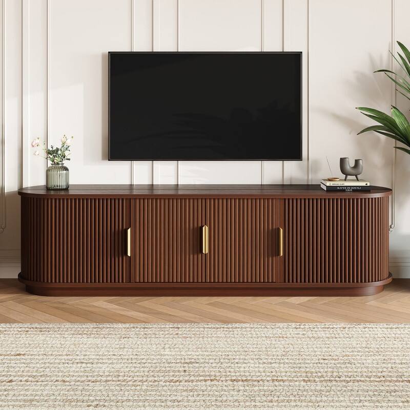 Farmhouse Wooden TV Stand up to 75" with Sliding Door and Adjustable Shelves for Modern Home Entertainment - Walnut