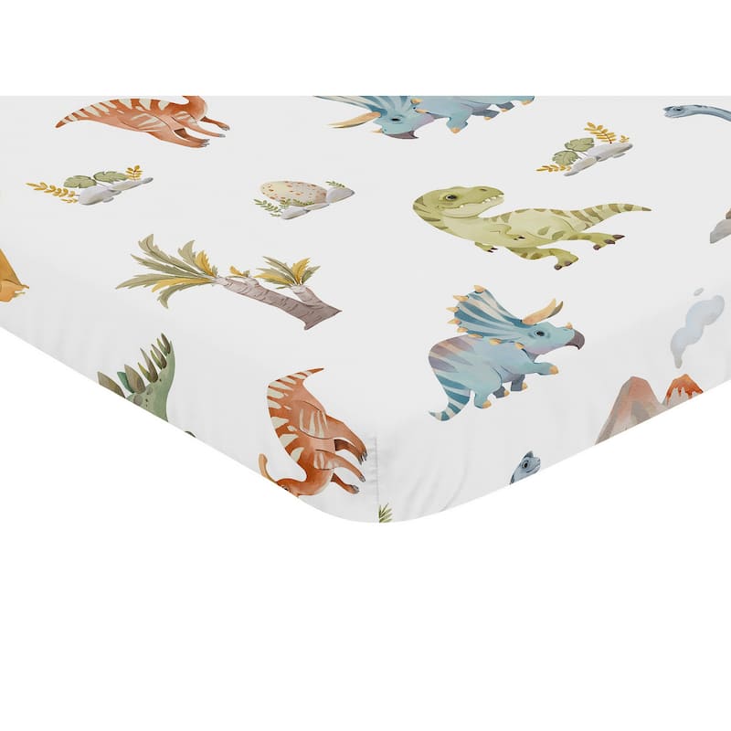 Sweet Jojo Designs Watercolor Dinosaur Dino Boy Fitted Mini Portable Crib Sheet Green Blue White Modern Jurassic Animal Nature