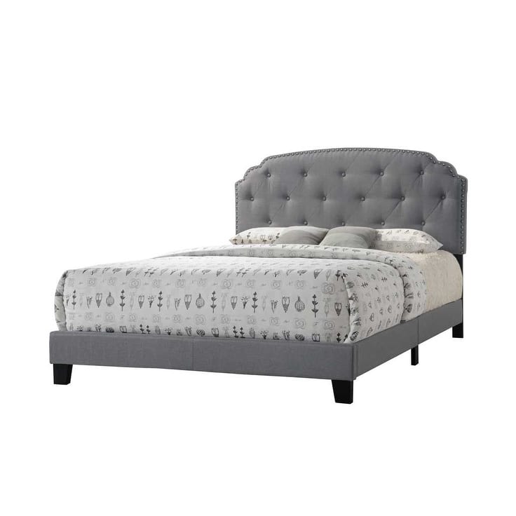 Queen Size Platform Bed with Headboard Features Nailhead Trim for Bedroom