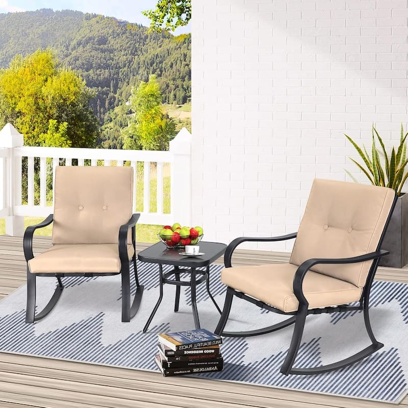 3-piece Rocking Chair Patio Bistro Set with Side Table - Brown/Black