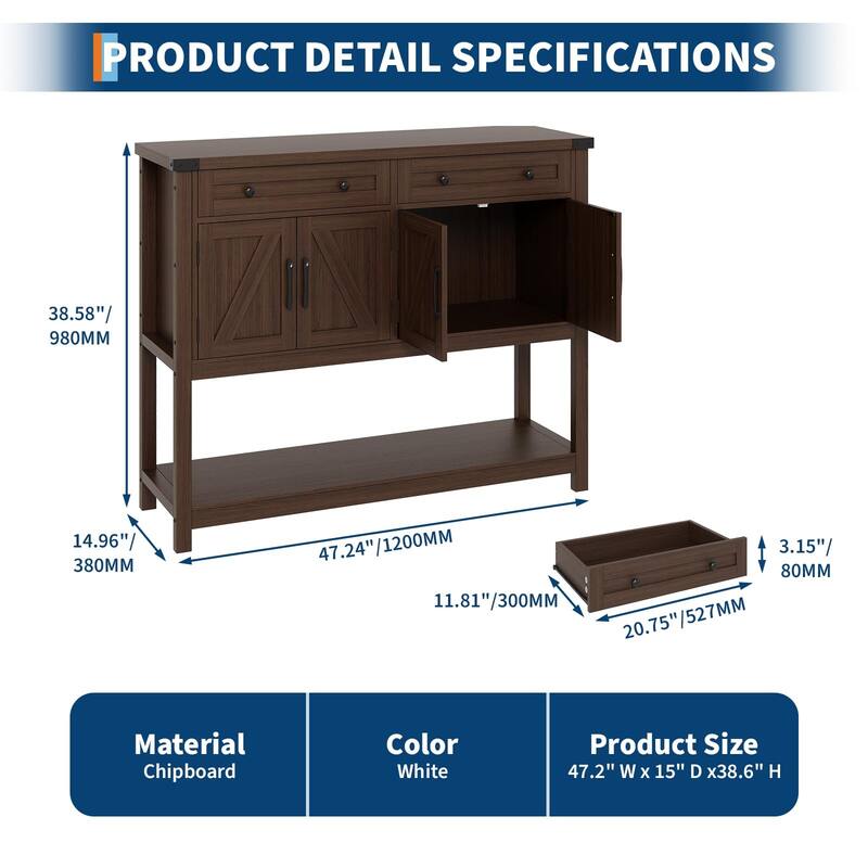 47.2" Buffet Sideboard Cabinet - Modern Farmhouse Storage Console Table with 2 Drawers & 4 Barn Doors, Coffee Bar