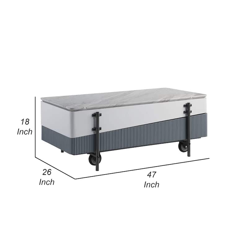 Mindy Coffee Table with Lift Top, 3 Compartments, White Gray 47 Inch
