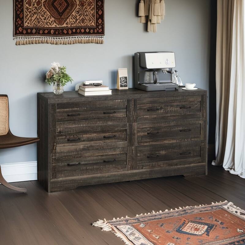 Moasis 6-Drawer 7-Drawer Double Dresser with Power Outlet and Organizer Bag - Oak - 6-drawer