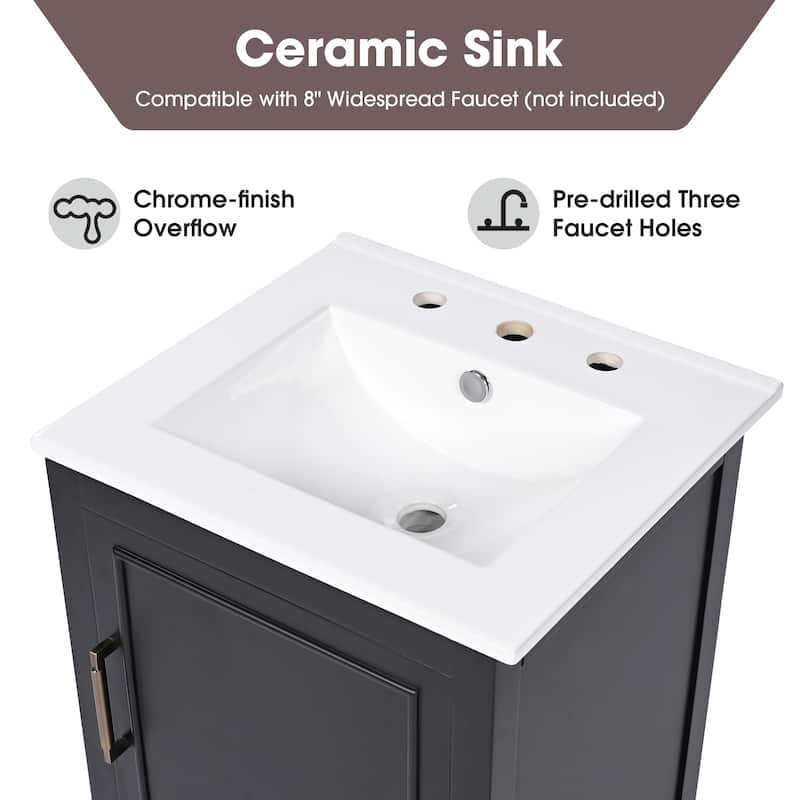 20" Bathroom Vanity with Ceramic Sink, Door Shelf Storage, Drawer, and Adjustable Foot Pads