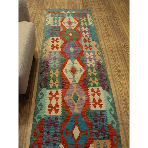 Noori Rug Sangat Kilim Rahimate Green/Rust Runner - 2'8" x 9'8". Opens flyout.