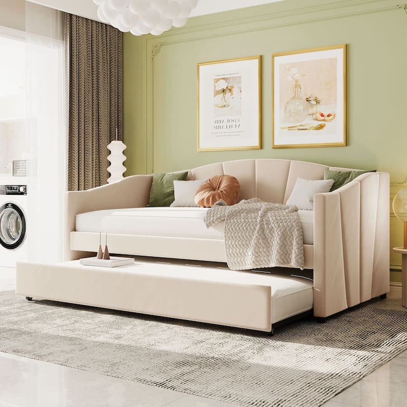 Twin Size Upholstered Daybed Sofa Bed With Trundle Bed - Beige