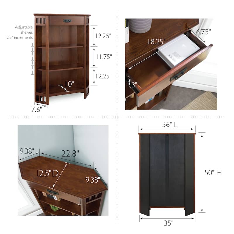 Leick Home Mantel Height 3-Shelf Corner Bookcase with Drawer Storage