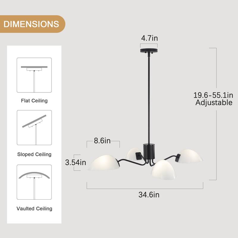 4-Light Hanging Island Linear Chandelier Lighting Fixture with Glass Shade for Dining Room Kitchen Island