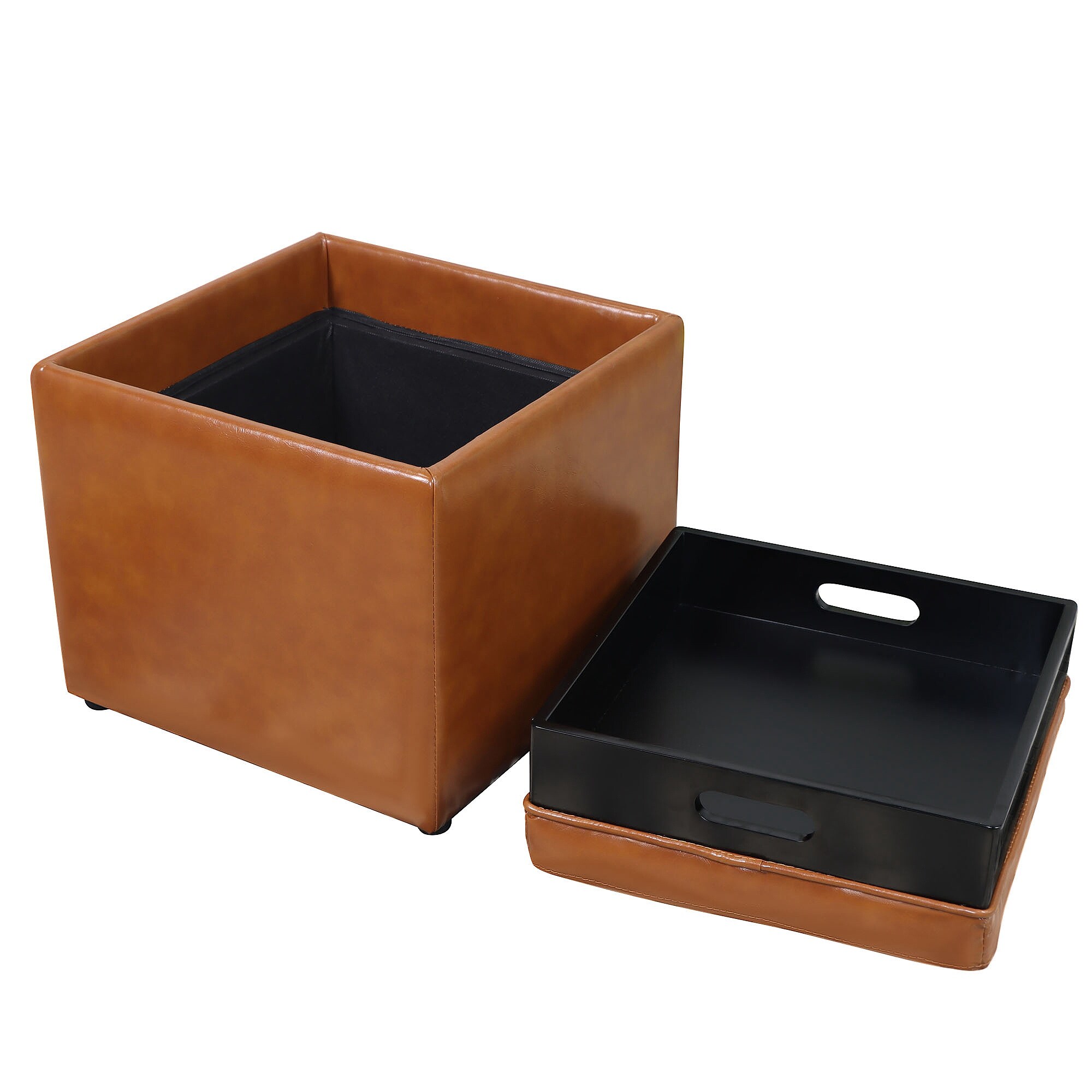 Square Storage Ottoman with Tray Faux Leather Upholstered Footrest Stool Side Coffee Table