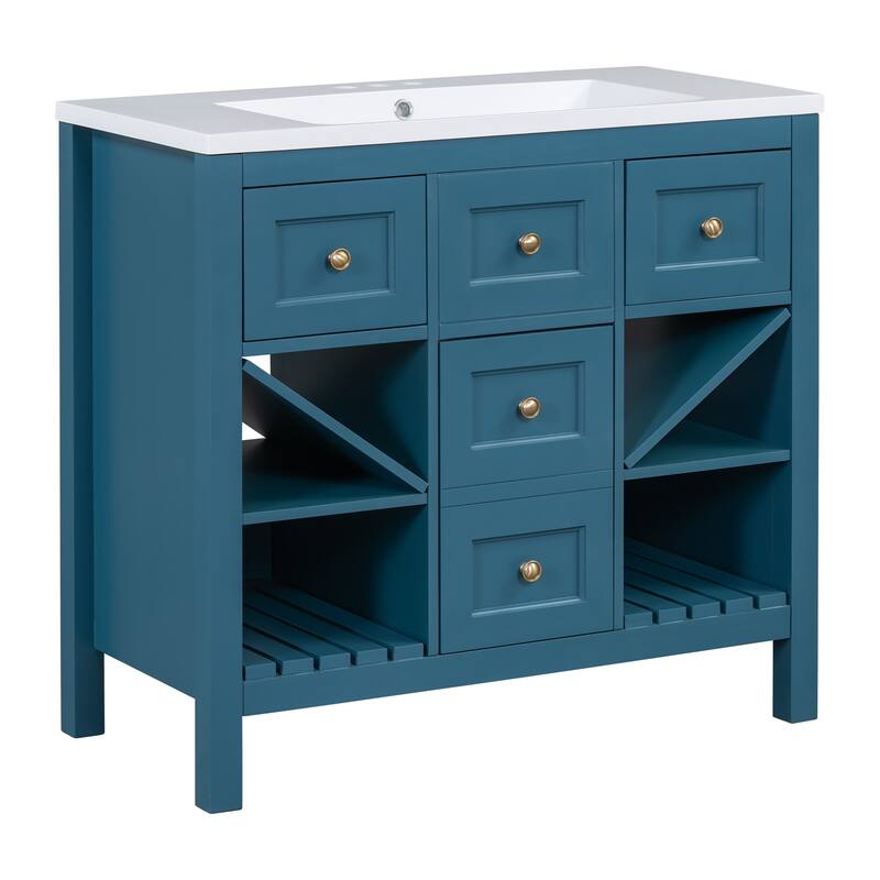 Bathroom Vanity with Resin Top Sink, Bathroom Storage Cabinet with 5 Drawers, Bathroom Vanity Set with 4 Open Shelves