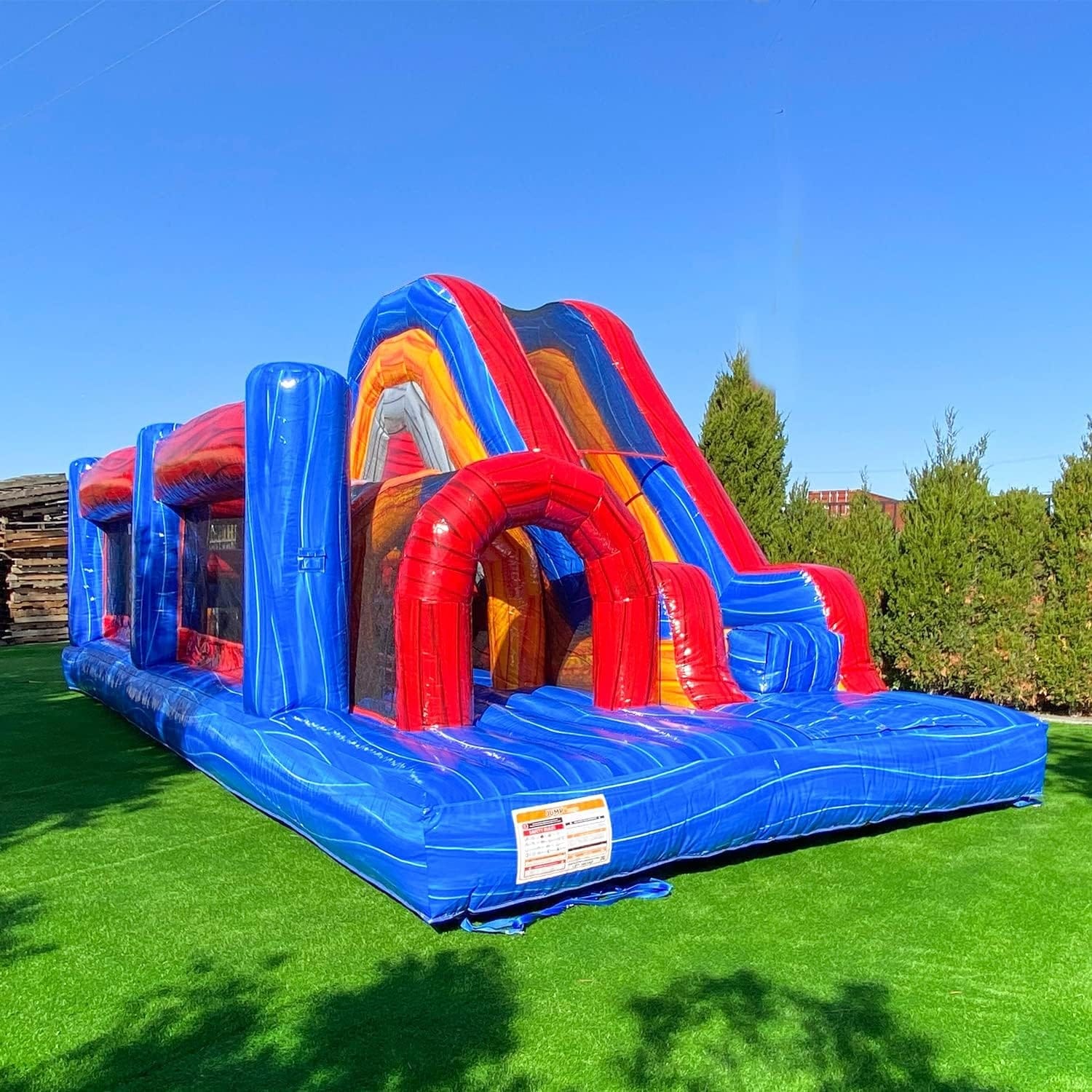 XJUMP 30 ft. Long Retro U-Run Commercial Grade Inflatable Obstacle Course Combo with Climbing Wall and Water Slide Inflatable