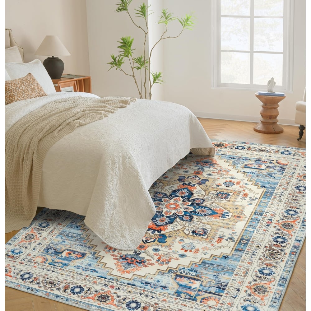 DriftAway Area Rug Washable Rugs for Living Room Non Slip Rubber Backing Low Pile Non Shedding Boho Foldable Vintage Rugs