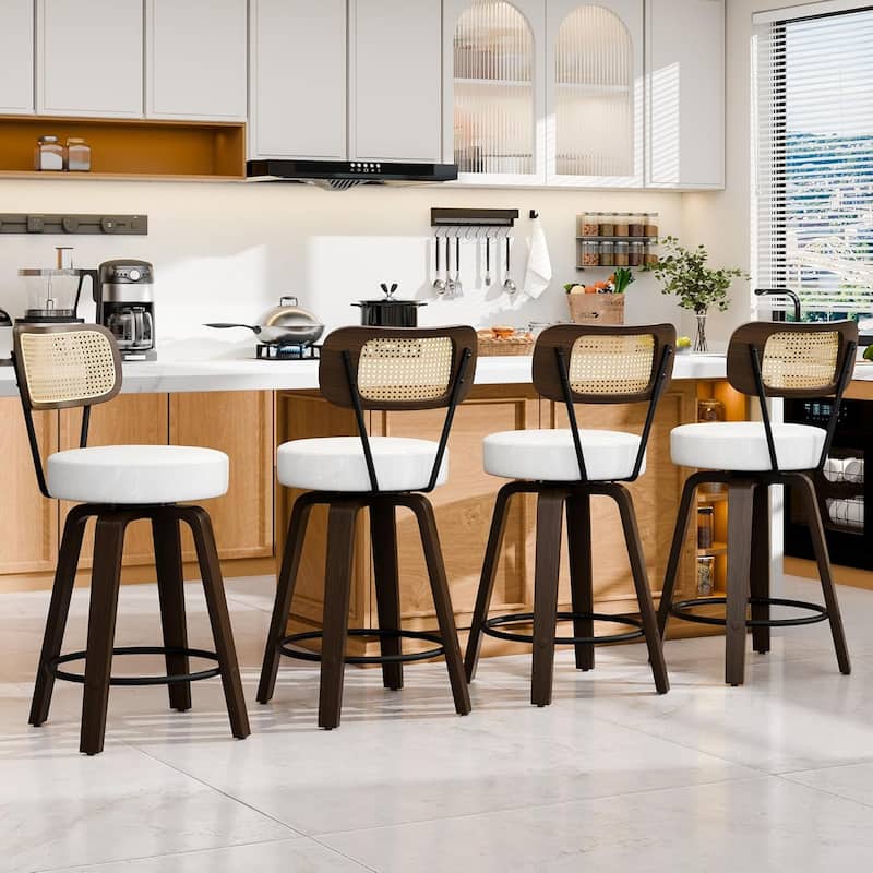XINMICS 26 Inches Swivel Counter Height Bar Stools with PE Rattan Back, Faux Leather Upholstered Bar Chairs, Set of 2/3/4 - Set of 4 - White - Counter Height