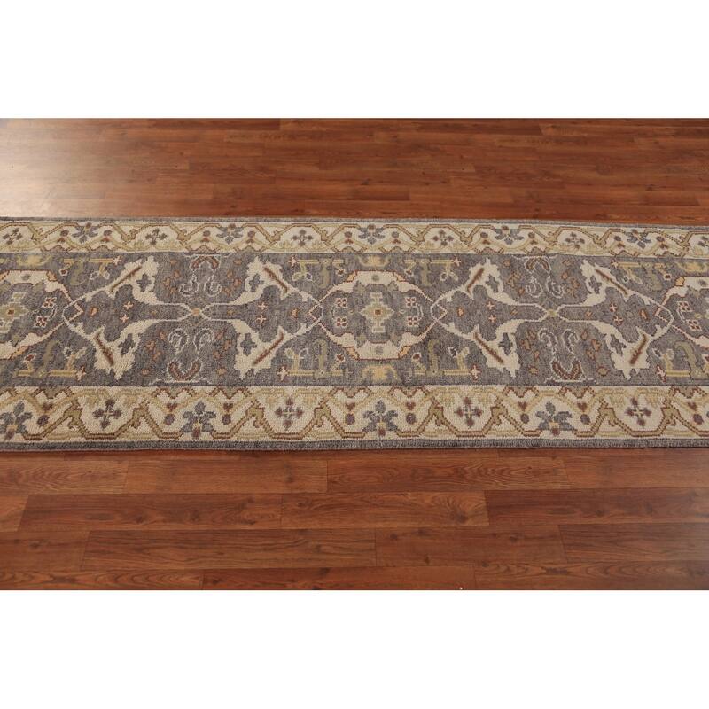 Gray & Ivory Oushak Indian Runner Rug Hand-Knotted Wool Carpet - 2'9"x 9'11"