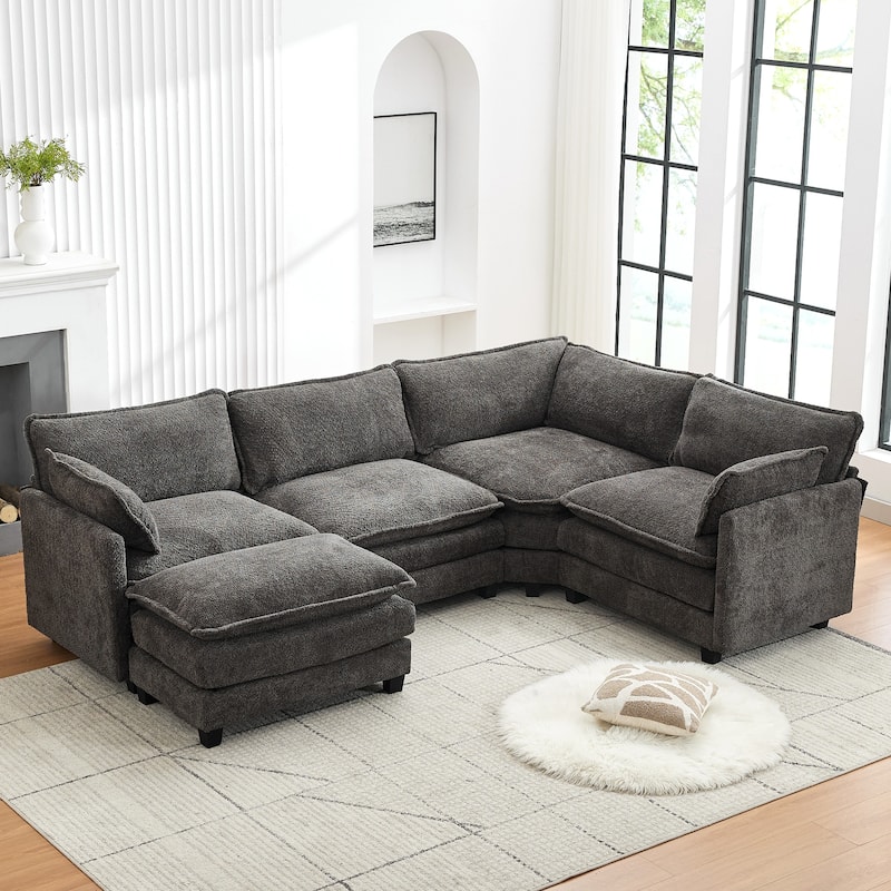 4-Seat Modular L-Shaped Corner Sectional Sofa with Ottoman, Soft Chenille Upholstery and Deep Seating for Living Room - Dark Grey-4 Seat