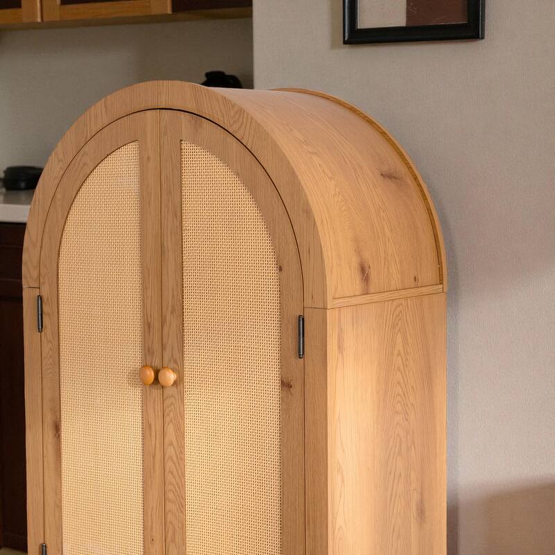 63" Arched Rattan Kitchen Pantry Cabinet with Doors, Adjustable Shelves & Wood Frame for Living or Dining Room