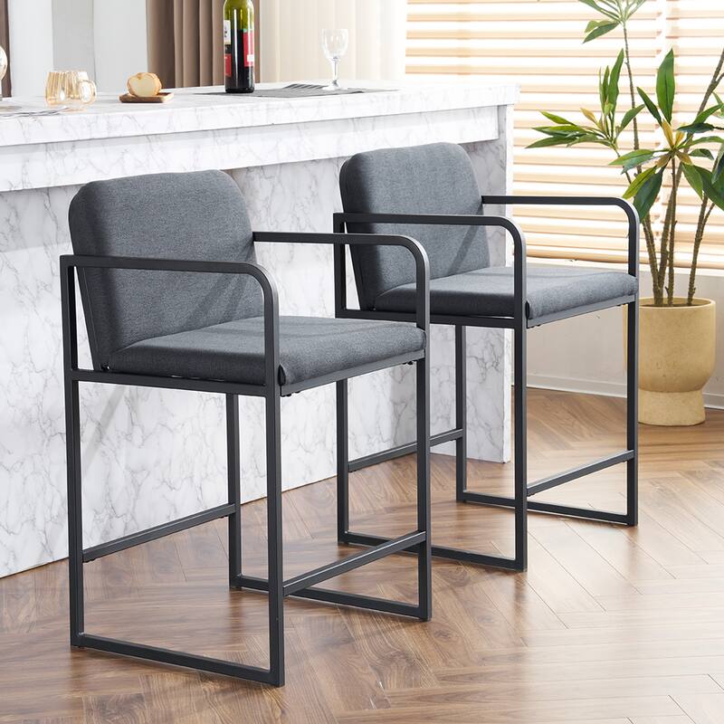 Upholstered Counter Height Bar Stool with Armrests, Metal Frame and Padded Seat, Dining Chair for Kitchen Island, Restaurant