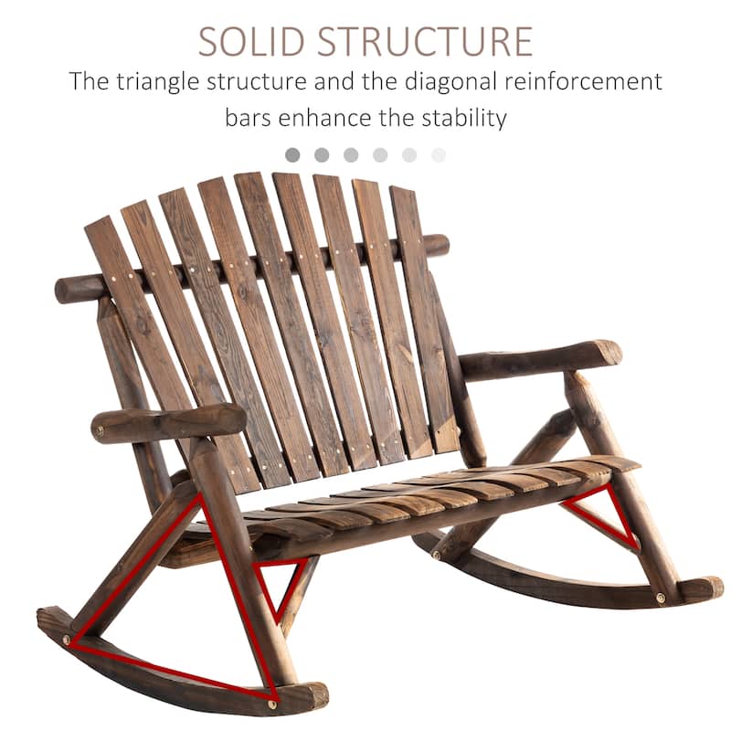 Outsunny 2-Person Wooden Adirondack Rocking with Slatted Design for Backyard, Porch, Poolside