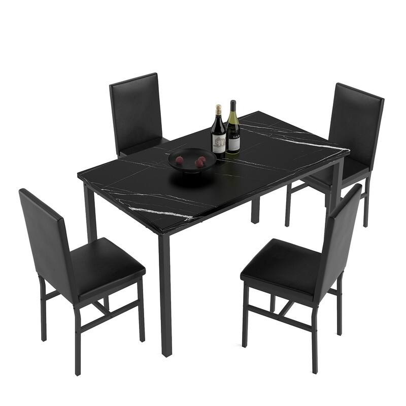 Grondin Modern Contemporary 5 Pieces Dining Table Set with Faux Marble Top and 4 PU Leather Upholstered Chairs