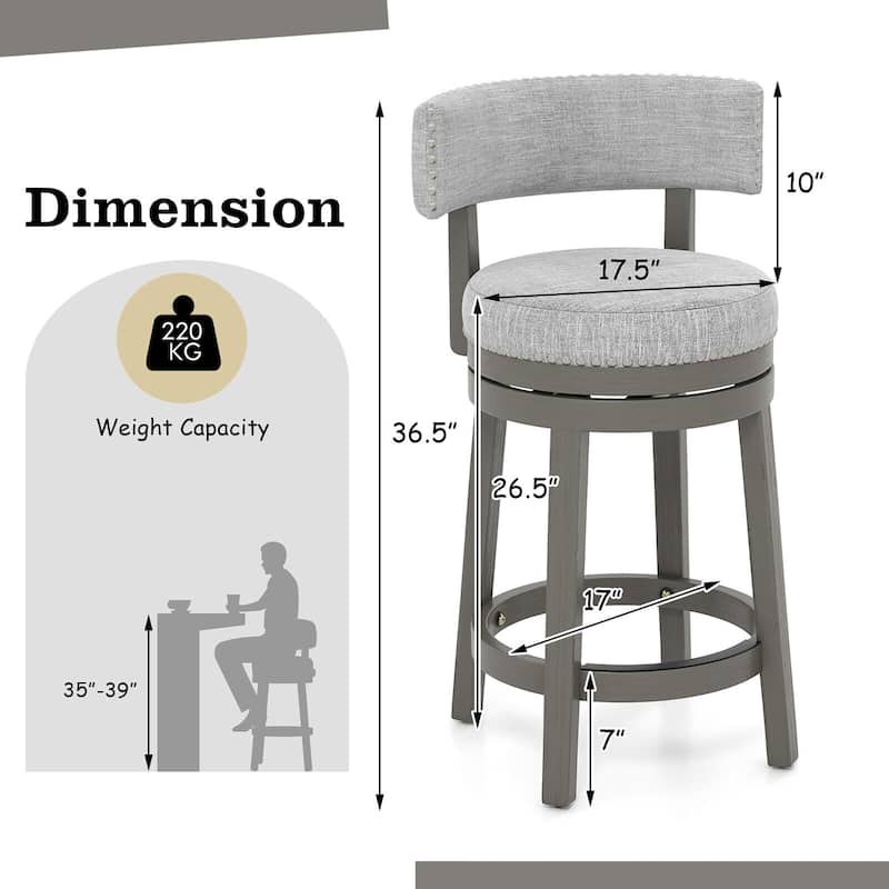 Gymax Set of 2 Upholstered Swivel Bar Stools Wooden Counter Height
