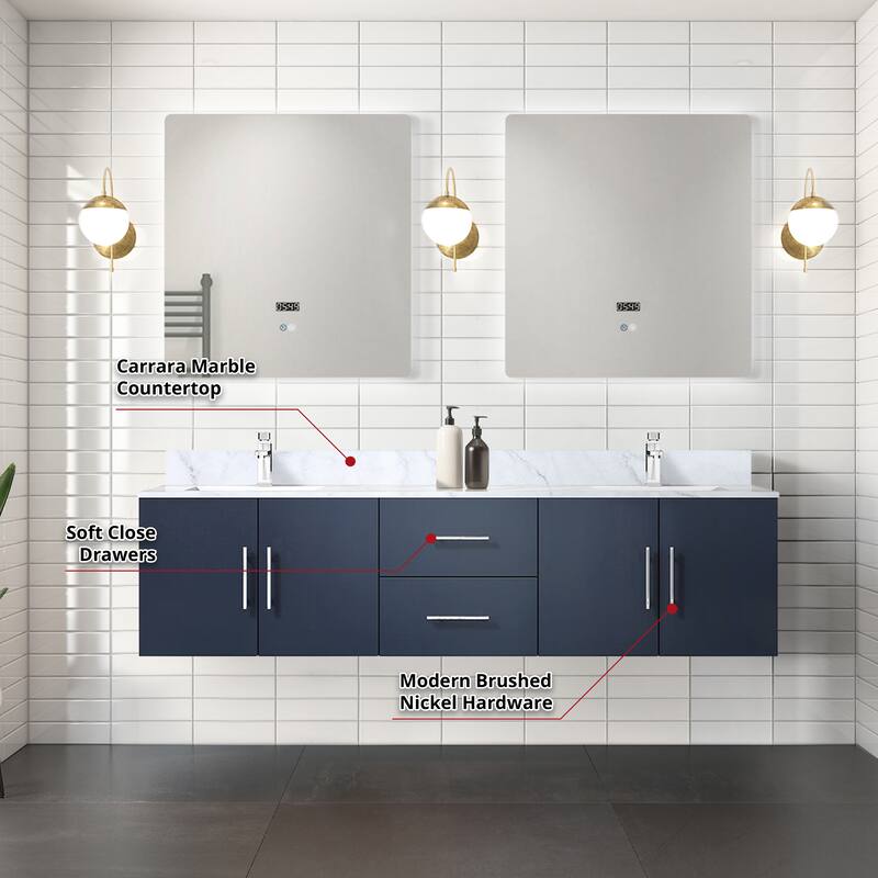 Geneva 72 in. W x 22 in. D Glossy White Double Bath Vanity, Carrara Marble Top, and 30 in. LED Mirrors