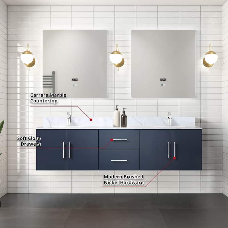 Geneva 72 in. W x 22 in. D Navy Blue Double Bath Vanity and Carrara Marble Top