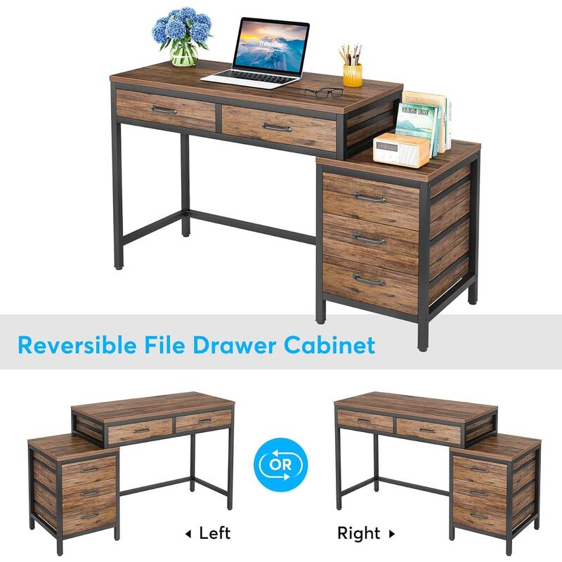 51" Reversible Computer Desk with 5 Drawers and File Cabinet, Office Desk with Printer Stand, Writing Table with Storage