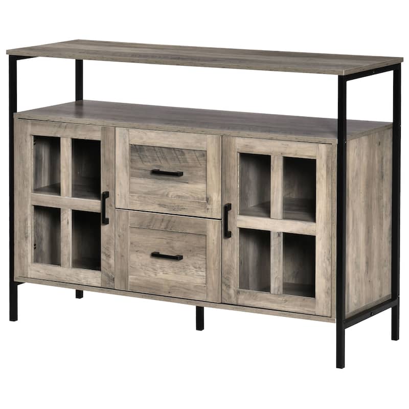 Industrial Sideboard Buffet Cabinet, Kitchen Cabinet, Coffee Bar Cabinet with Adjustable Shelves, Glass Doors, and 2 Drawers