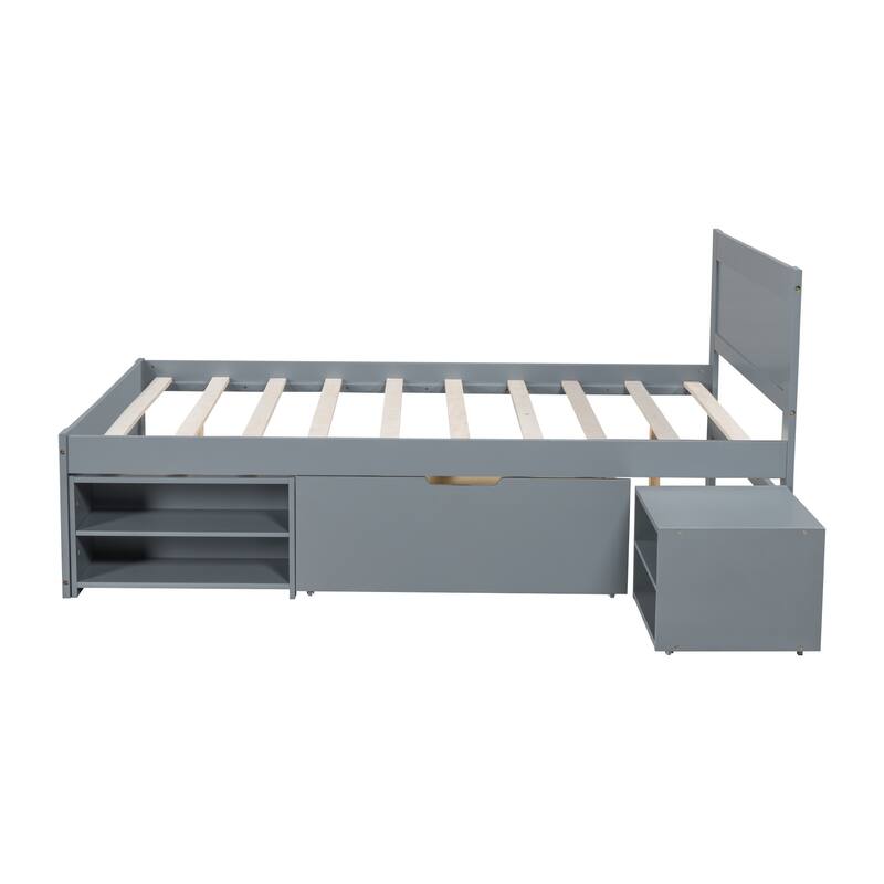 Platform bed with drawers and two shelves