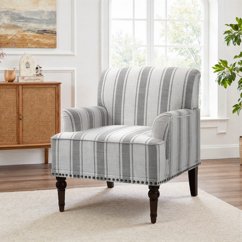 Stripe Linen Accent Arm Chair with Nailhead Trim and Wood Legs