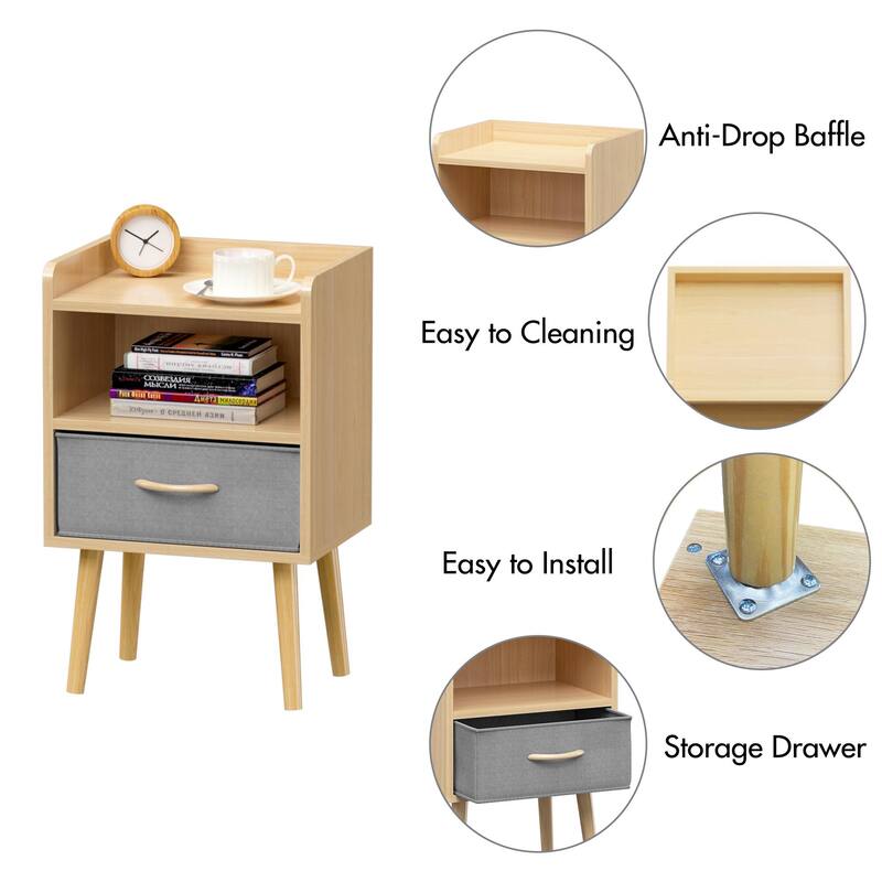 Nightstand With Collapsible Fabric Drawer,2-Tier Storage End Table, Wood Side Table With Storage Cabinet For Kids,Adults