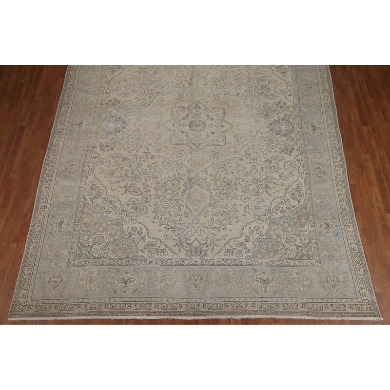 Hand Knotted Oriental 100% Wool Carpet Traditional Floral Beige & Ivories Tabriz Area Rug - 12' 6'' X 9' 10''