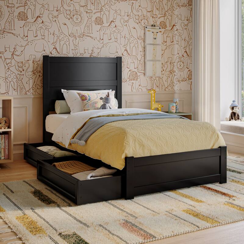 Aveline Wood Platform Bed with Matching Footboard & Storage Drawers - Twin - Black