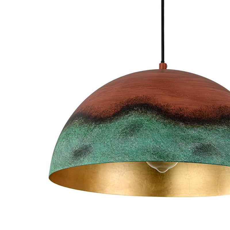 Weathered Copper Metal Oversized Dome Pendant Green Patina Accent