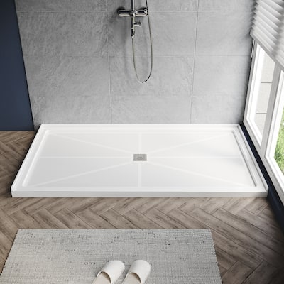 Elegant Rectangular Shower Base in White Center Drain Single Threshold Anti-slip SMC Shower Pan