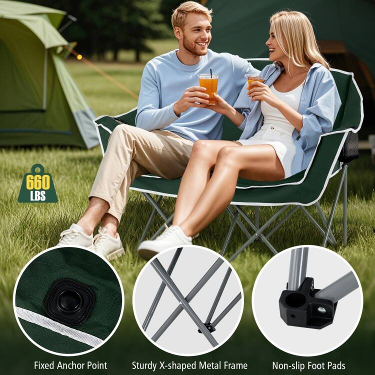 Green Oxford Cloth Metal Folding Camping Loveseat with Cup Holders