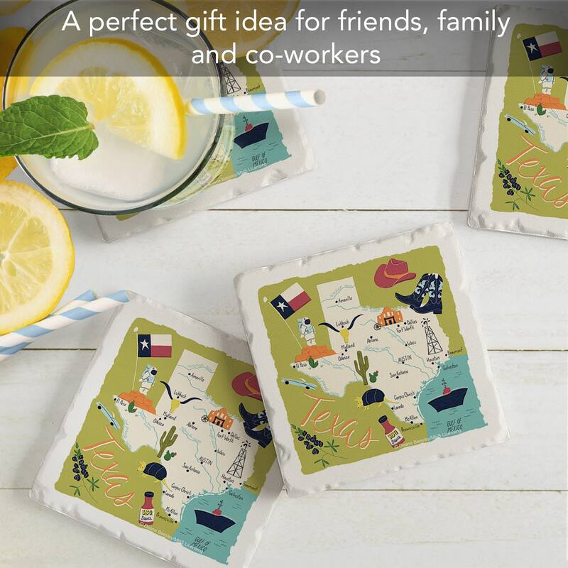 Texas Home 4-Pack Absorbent Stone Coasters with Protective Cork Backing 4" Square Made in The USA Artistic Easily Wipes Clean