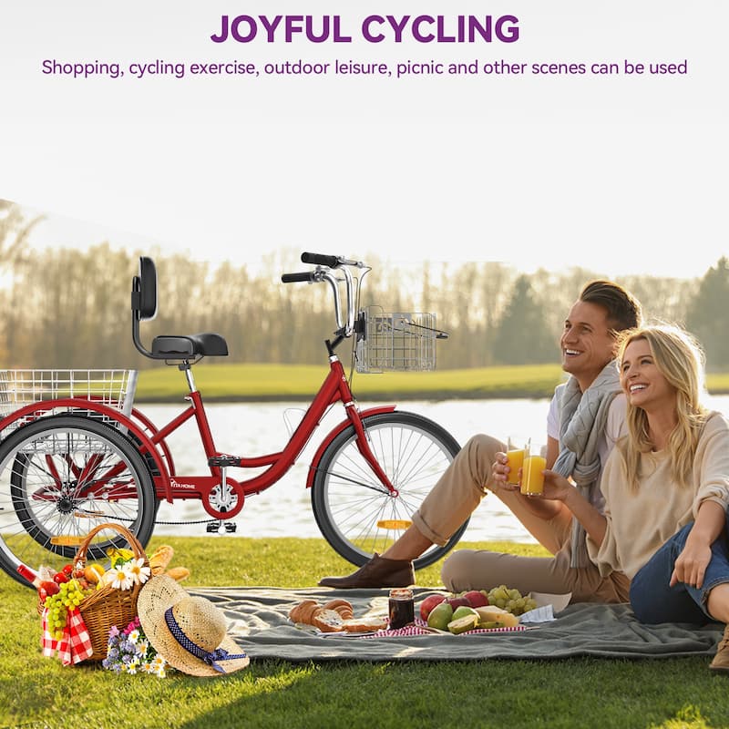 24"/26"Matte Red Adult Tricycle 3 Wheel Bikes 1 Speed Trike Bike