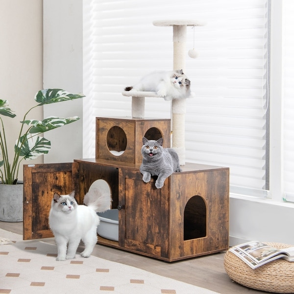 2in1 Wooden Litter Box Enclosure w Cat Tree Hidden Storage Furniture On Sale Bed Bath Beyond 38369005