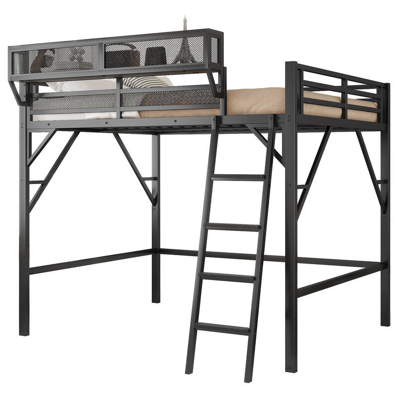 Queen Size Black Loft Bed with Storage Shelves Ladder for Kids Teens