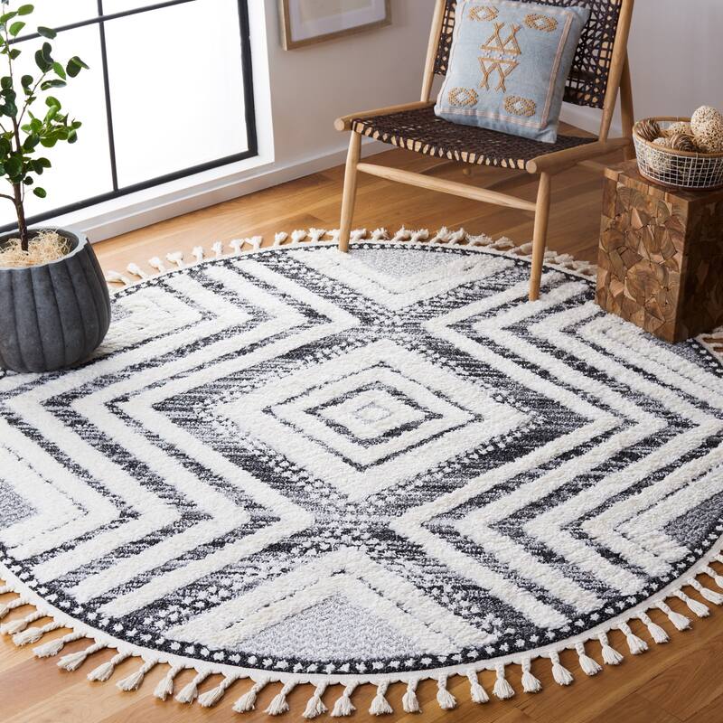 SAFAVIEH Moroccan Tassel Shag Selvije 2-inch Thick Rug - 6'7" Round - Ivory/Grey