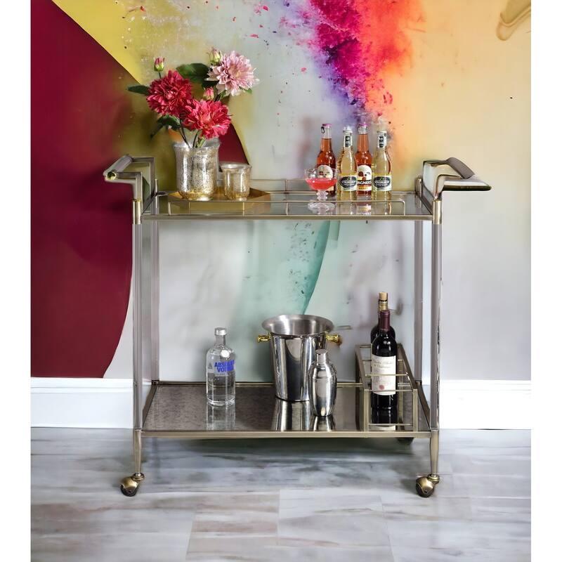 Cirro Antique Mirror & Wire Brass Finish Serving Cart(no include stool) - Antique Brass+White